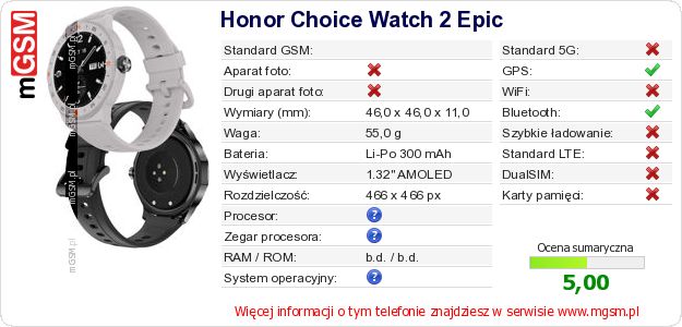 Dane telefonu Honor Choice Watch 2 Epic