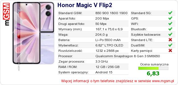 Dane telefonu Honor Magic V Flip2 Dane telefonu Honor Magic V Flip2