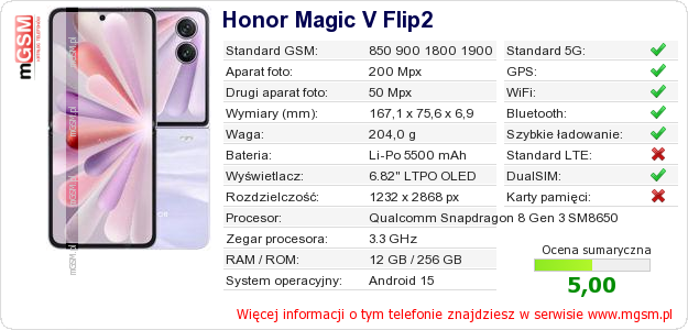 Dane telefonu Honor Magic V Flip2