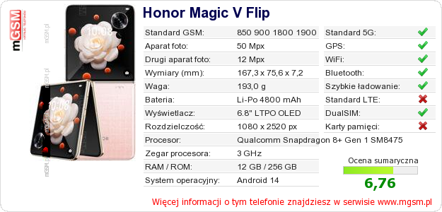 Dane telefonu Honor Magic V Flip Dane telefonu Honor Magic V Flip