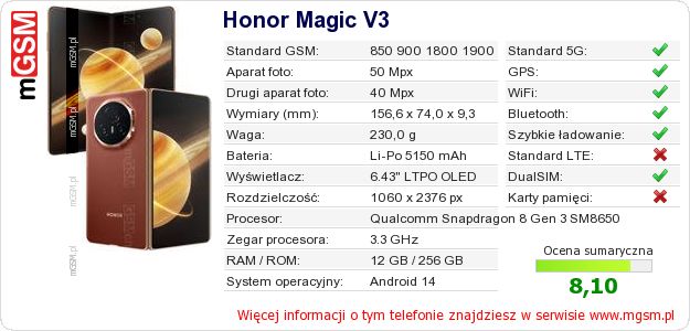 Dane telefonu Honor Magic V3