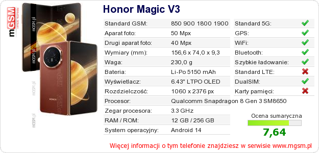 Dane telefonu Honor Magic V3