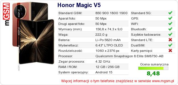 Dane telefonu Honor Magic V5 Dane telefonu Honor Magic V5