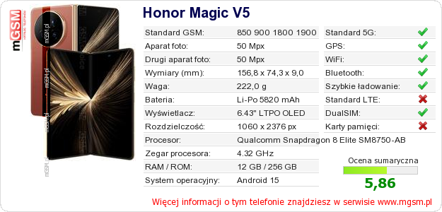 Dane telefonu Honor Magic V5