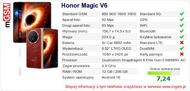 Dane telefonu Honor Magic V6 Dane telefonu Honor Magic V6