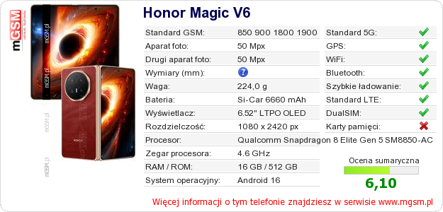 Dane telefonu Honor Magic V6