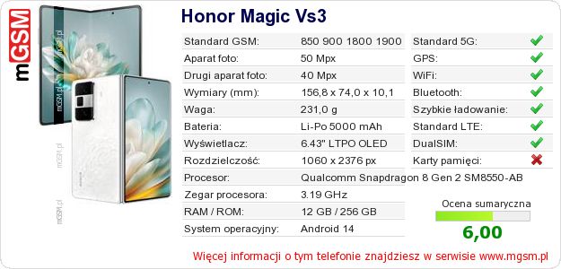 Dane telefonu Honor Magic Vs3 Dane telefonu Honor Magic Vs3