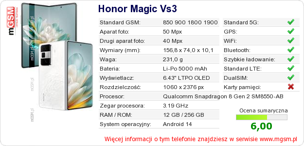 Dane telefonu Honor Magic Vs3