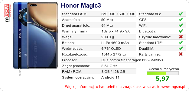 Dane telefonu Honor Magic3 Dane telefonu Honor Magic3
