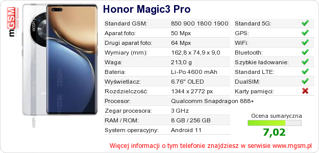 Dane telefonu Honor Magic3 Pro