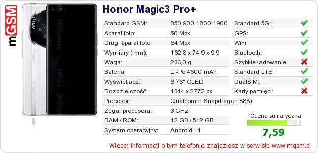 Dane telefonu Honor Magic3 Pro+ Dane telefonu Honor Magic3 Pro+