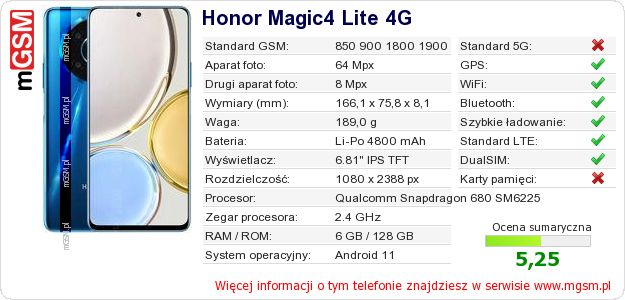 Dane telefonu Honor Magic4 Lite 4G Dane telefonu Honor Magic4 Lite 4G