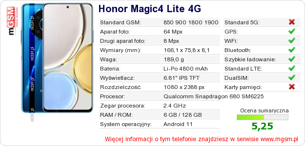 Dane telefonu Honor Magic4 Lite 4G