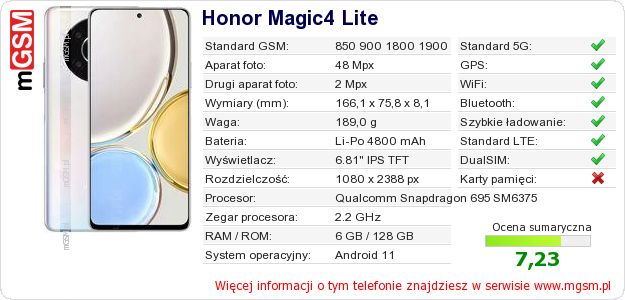 Dane telefonu Honor Magic4 Lite