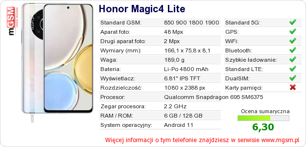 Dane telefonu Honor Magic4 Lite