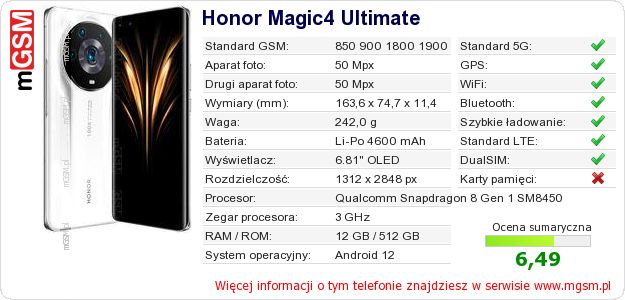 Dane telefonu Honor Magic4 Ultimate