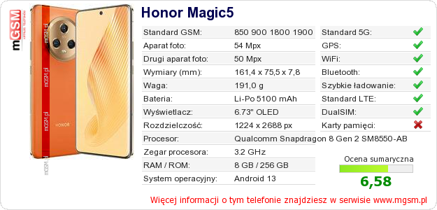 Dane telefonu Honor Magic5