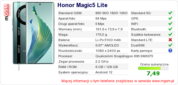 Dane telefonu Honor Magic5 Lite