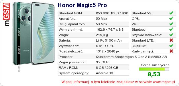 Dane telefonu Honor Magic5 Pro