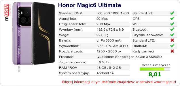 Dane telefonu Honor Magic6 Ultimate Dane telefonu Honor Magic6 Ultimate