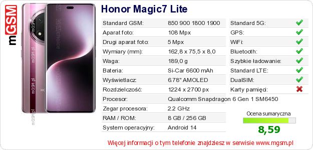 Dane telefonu Honor Magic7 Lite