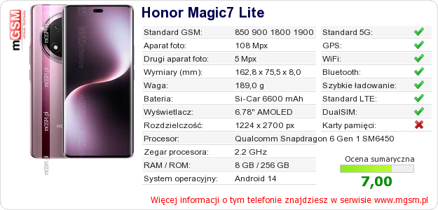 Dane telefonu Honor Magic7 Lite