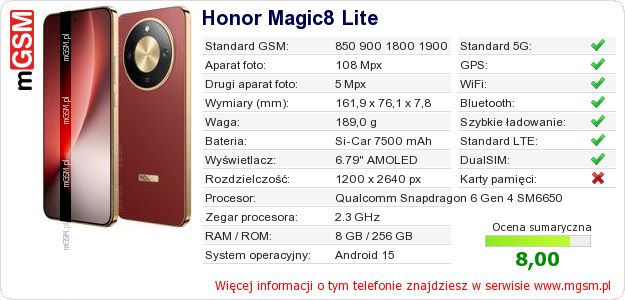 Dane telefonu Honor Magic8 Lite Dane telefonu Honor Magic8 Lite