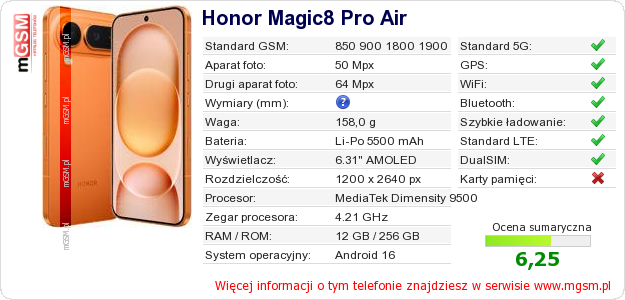 Dane telefonu Honor Magic8 Pro Air