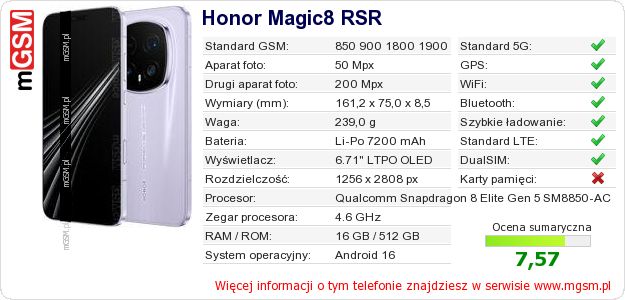 Dane telefonu Honor Magic8 RSR