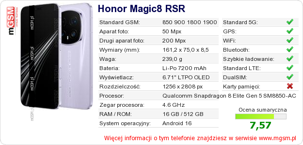 Dane telefonu Honor Magic8 RSR