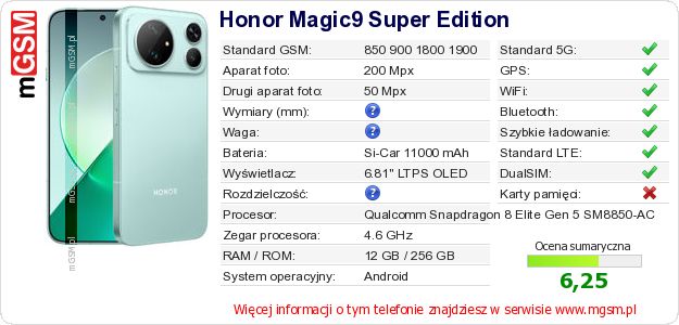 Dane telefonu Honor Magic9 Super Edition