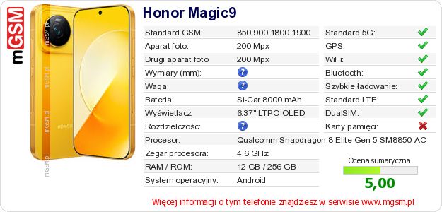 Dane telefonu Honor Magic9 Dane telefonu Honor Magic9