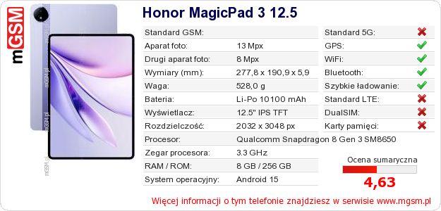 Dane telefonu Honor MagicPad 3 12.5