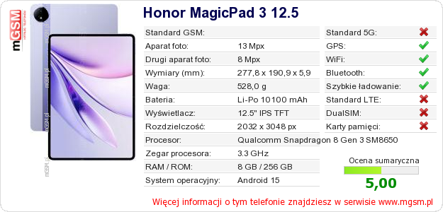 Dane telefonu Honor MagicPad 3 12.5