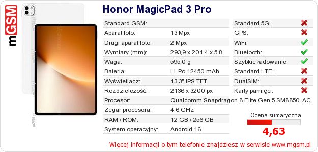 Dane telefonu Honor MagicPad 3 Pro