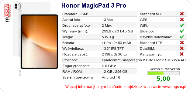 Dane telefonu Honor MagicPad 3 Pro Dane telefonu Honor MagicPad 3 Pro