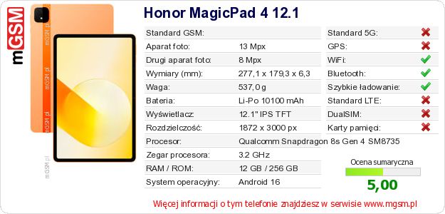 Dane telefonu Honor MagicPad 4 12.1 Dane telefonu Honor MagicPad 4 12.1