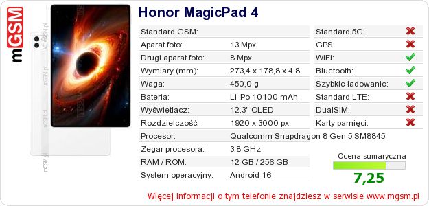 Dane telefonu Honor MagicPad 4