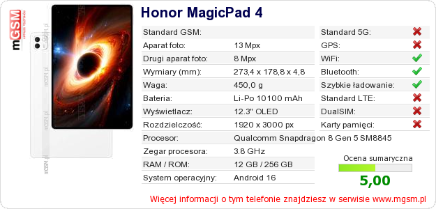Dane telefonu Honor MagicPad 4