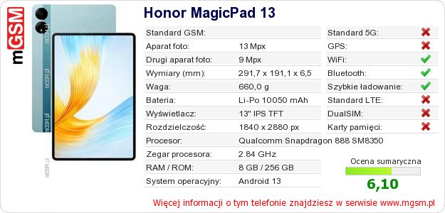Dane telefonu Honor MagicPad 13