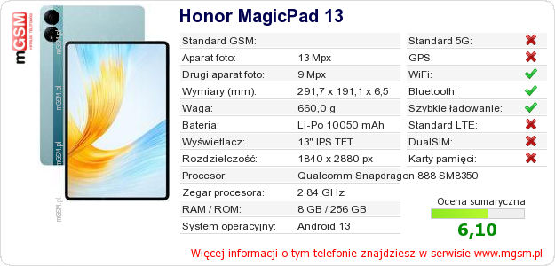 Dane telefonu Honor MagicPad 13