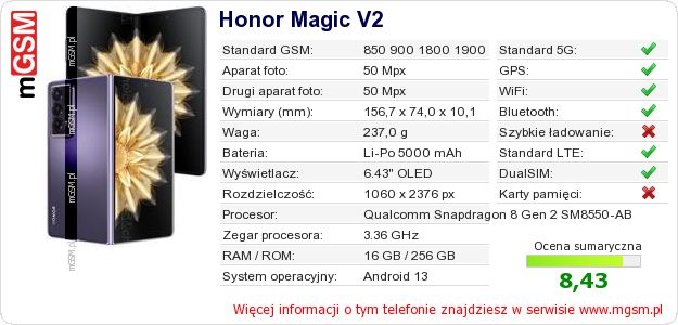 Dane telefonu Honor Magic V2