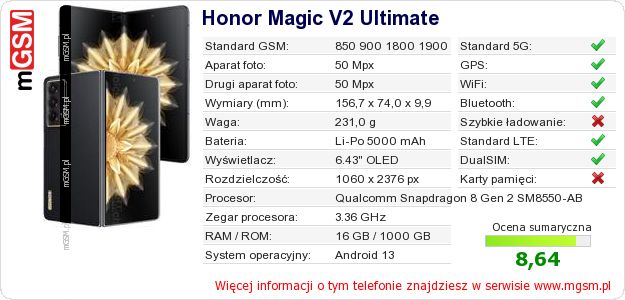 Dane telefonu Honor Magic V2 Ultimate