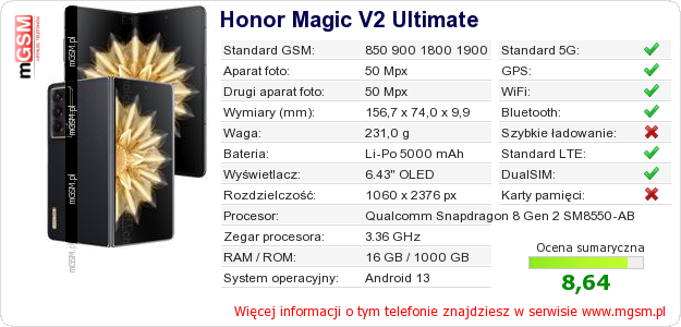 Dane telefonu Honor Magic V2 Ultimate