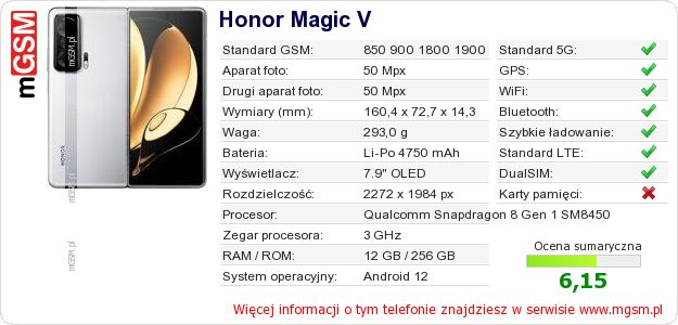 Dane telefonu Honor Magic V Dane telefonu Honor Magic V
