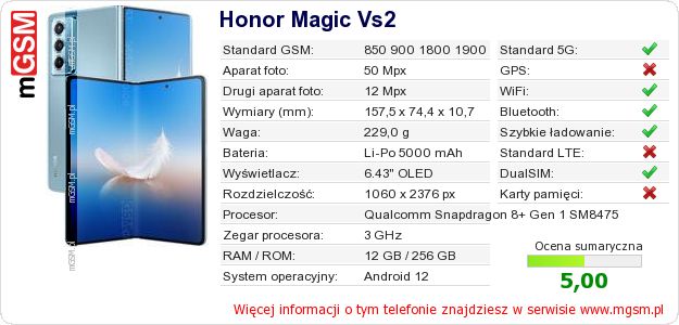 Dane telefonu Honor Magic Vs2 Dane telefonu Honor Magic Vs2