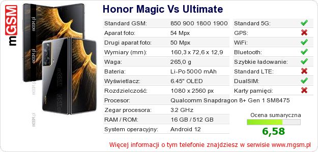 Dane telefonu Honor Magic Vs Ultimate