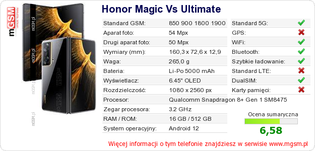 Dane telefonu Honor Magic Vs Ultimate Dane telefonu Honor Magic Vs Ultimate