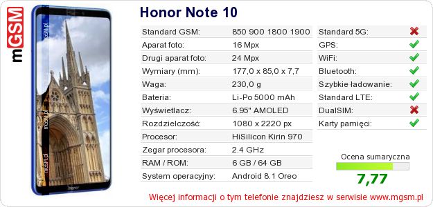 Dane telefonu Honor Note 10