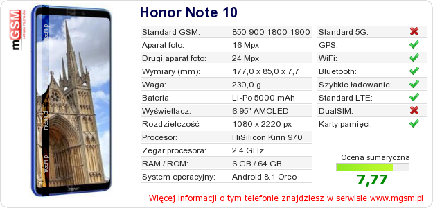 Dane telefonu Honor Note 10